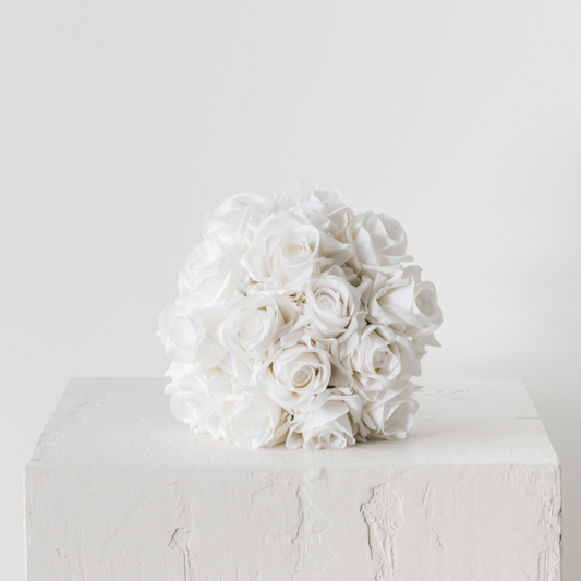 Large White Rose Bridal Bouquet on display