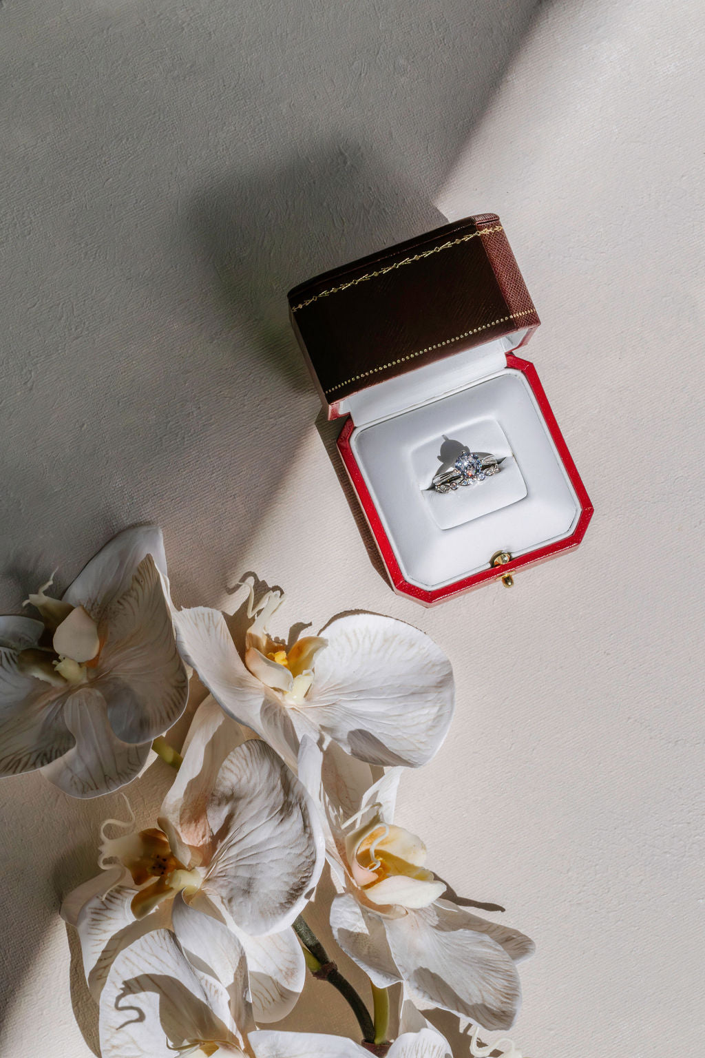 White orchids laid flat next to an engagement ring in a red Cartier box, symbolising love and elegance