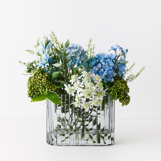 Hydrangea Delphinium Ready-Made Floral Arrangement in Wide Textured Glass Vase