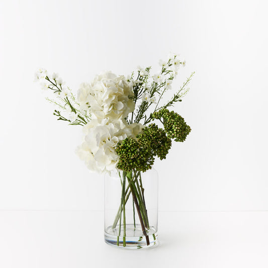 White Hydrangea Larkspur Mix in Glass Vase