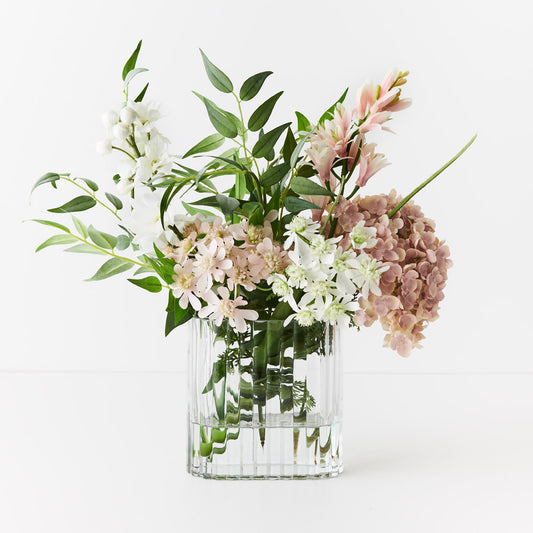 Pink Hydrangea Delphinium Ready-Made Floral Arrangement in Textured Glass Vase