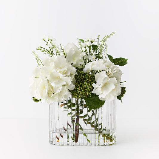 White Hydrangea Larkspur Mix in Wide Textured Glass Vase