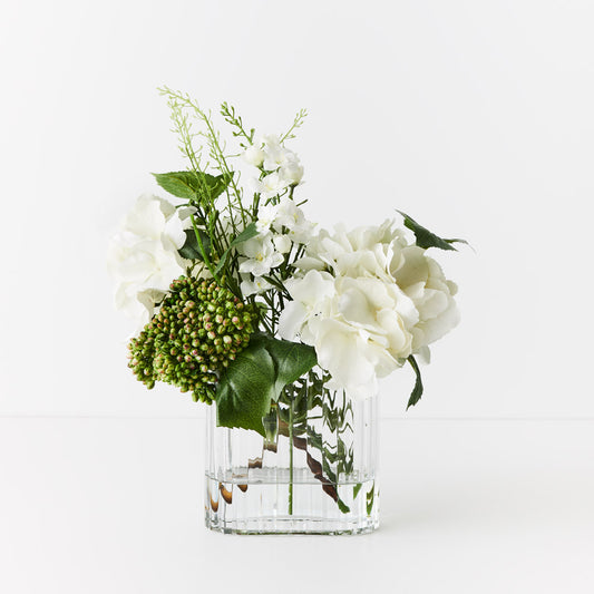 White Hydrangea Larkspur Mix in Small Textured Glass Vase