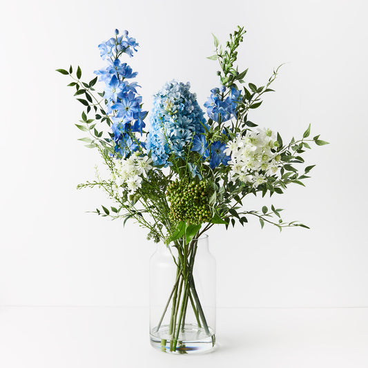 Hydrangea Delphinium Floral Arrangement in Tall Glass Vase