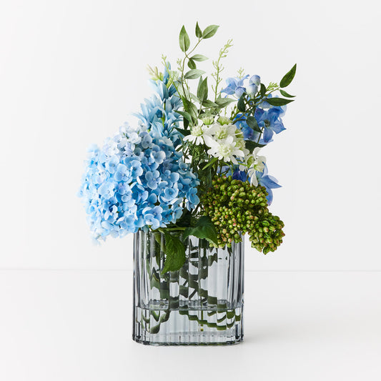 Hydrangea Delphinium Ready-Made Floral Arrangement in Textured Glass Vase
