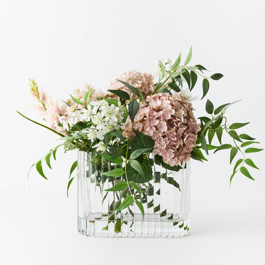 Pink Hydrangea Delphinium Ready-Made Floral Arrangement in Short Textured Glass Vase